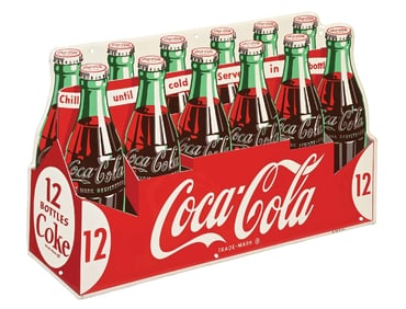 OUTSTANDING COCA-COLA DIECUT TIN 12 PACK BOTTLES SIGN AGS 96.
