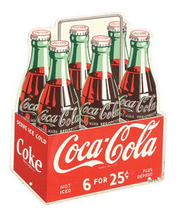 COCA-COLA DIE CUT 6-PACK "6 FOR 25" SIGN: SST. Maker marked "AM 9-50". This c. 1950 single-sided die-cut tin six-pack sign from Coca-Cola features the iconic company logo with "6 for 25" tagline. CONDITION: The field shows nice color and glos
