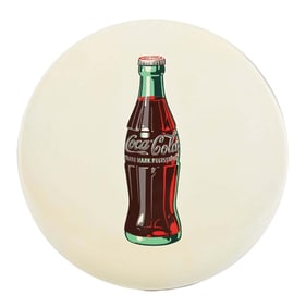 COCA-COLA WHITE BUTTON SIGN W/ BOTTLE GRAPHIC