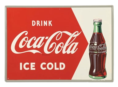 DRINK COCA-COLA ICE COLD SELF FRAMED TIN SIGN W/ BOTTLE GRAPHIC