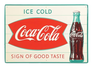 COCA-COLA ICE COLD SIGN OF GOOD TASTE SIGN W/ FISHTAIL GRAPHIC
