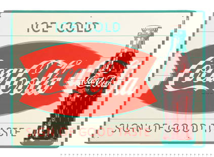 COCA-COLA ICE COLD SIGN OF GOOD TASTE SIGN W/ FISHTAIL GRAPHIC: SST. A nice example of this C. 1960s single-sided tin sign from Coca-Cola featuring the fishtail logo and bottle graphic. CONDITION: The fishtail sign remains clean and glossy throughout the field. Th
