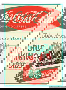 COCA-COLA KING SIZE FISHTAIL SIGN.: SST. A nice example of this C. 1960's single sided tin sign from Coca-Cola featuring the desirable "aqua dot" six pack graphic. CONDITION: The "aqua dot" sign remains bright and glossy. There is a