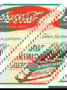 COCA-COLA BIG KING SIZE TIN SIGN: SST. A nice example of this C. 1960s single-sided tin sign from Coca-Cola featuring the six pack graphic. CONDITION: The sign shows a few light surface scuffs in the field, but remains clean and