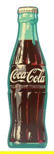 COCA-COLA TIN DIE-CUT BOTTLE SIGN: SST. Maker marked "AM99". This c. 1959 single-sided tin die-cut bottle sign features a deeply embossed form with the iconic contour bottle form. CONDITION: The field of the sign shows two lengthy vert