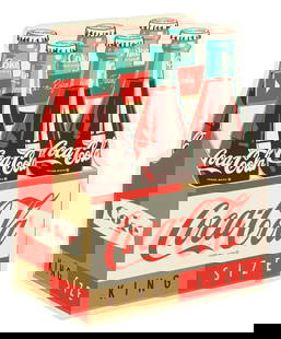TIN COCA-COLA DIE-CUT KING SIZE SIX PACK SIGN: SST. Maker marked "AM-12". This c. 1962 single-sided die-cut and embossed tin sign from Coca-Cola features an impressive graphic of a king-size six- pack carrier with bottles and the script logo.
