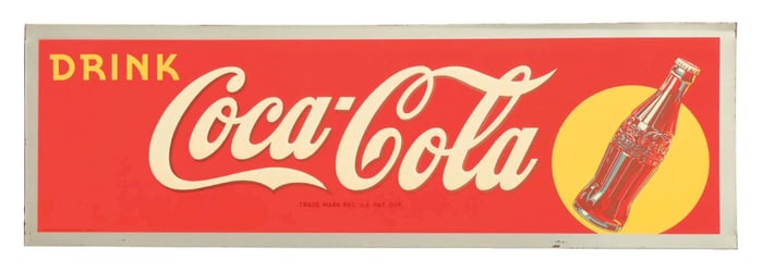 DRINK COCA-COLA EMBOSSED TIN SIGN W/ BOTTLE GRAPHIC.