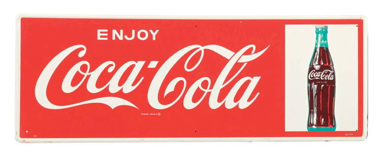 ENJOY COCA-COLA SELF FRAMED TIN SIGN: SST. A nice example of this C. 1950s single-sided tin sign from Coca-Cola featuring the script logo and bottle graphic. CONDITION: The sign remains clean and glossy in the field, with a few dull