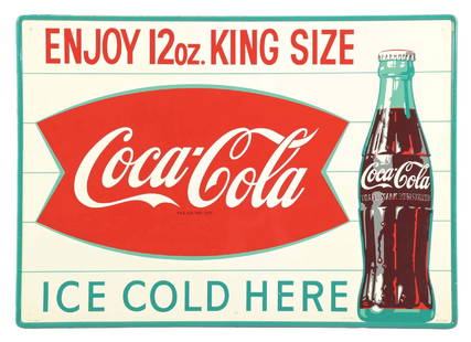KING SIZE COCA-COLA ICE COLD HERE TIN SIGN: SST. Maker marked "MCA". This c. 1960s single-sided tin sign from Coca-Cola features the bottle graphic with "Enjoy 12oz King Size" tagline written across the top. CONDITION: The field of the sign
