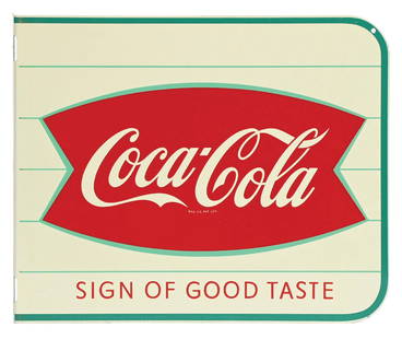COCA-COLA SIGN OF GOOD TASTE FISHTAIL FLANGE SIGN.: A nice example of this c. 1960s tin flange sign from Coca-Cola featuring the fishtail logo. CONDITION: NOS, and retains wonderful color and gloss. Other than an occasional speck of wear from storage,