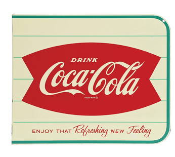 COCA-COLA ENJOY THAT REFRESHING NEW FEELING FISHTAIL FLANGE SIGN: A nice example of this C. 1960s tin flange sign from Coca-Cola featuring the fishtail logo. CONDITION: The sign shows paint loss around the outer edges. The field is clean and glossy. Condition: