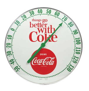 LARGE ROUND WHITE COCA-COLA THERMOMETER: This c. 1960s large thermometer sign from Coca-Cola features the iconic logo and "Things Go Better With Coke" tagline. CONDITION: There is a small scuff in the very top of the red circular logo,