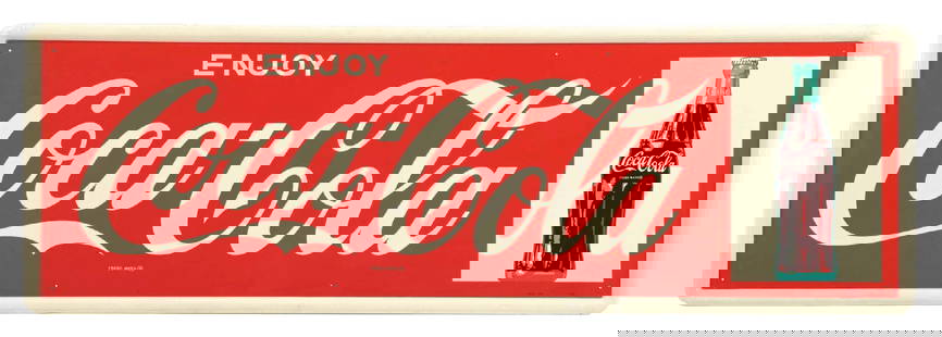 ENJOY COCA-COLA SIGN W/ BOTTLE GRAPHIC: SST. Maker marked "MCA 5-64". This c. 1964 single-sided tin sign from Coca-Cola features the script logo and wonderful bottle graphic. CONDITION: The field of this sign remains bright and glossy, with