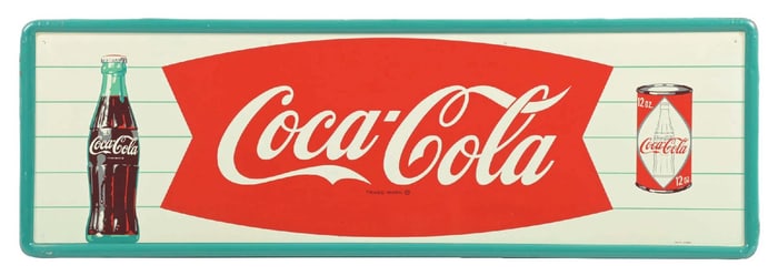 TIN COCA-COLA FISHTAIL SIGN W/ DIAMOND CAN GRAPHIC