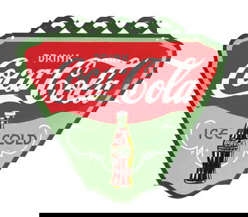 OUTSTANDING COCA-COLA PORCELAIN TRIANGLE SIGN AGS 94.: DSP. Maker marked "Tennessee Enamel Mfg. Co. Nashville". This outstanding c. 1933 double-sided porcelain sign from Coca-Cola features the script logo and a wonderful Christmas bottle graphic, with det