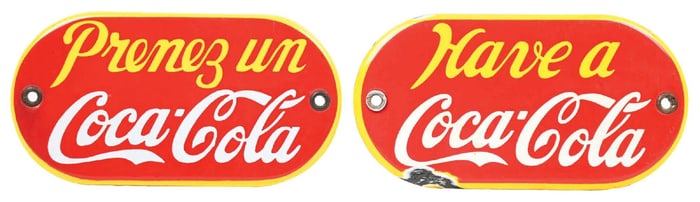 COLLECTION OF 2 ENGLISH AND FRENCH COCA-COLA SIGNS