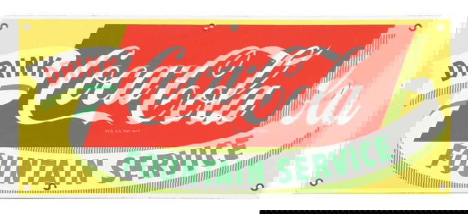 DRINK COCA-COLA FOUNTAIN SERVICE PORCELAIN SIGN: SSP. This c. 1950s single-sided porcelain sign from Coca-Cola features wonderful gloss and colors with the script logo and "Fountain Service" tagline. CONDITION: The field of this sign remains bright