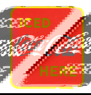COCA-COLA "ICED HERE" FLANGE SIGN: DSP. This c. 1950s double-sided porcelain flange sign from Coca-Cola features the iconic script logo with "Iced Here" tagline. CONDITION: Side 1 shows scrapes and specks of color loss in the field. Th