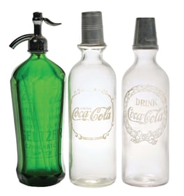 COLLECTION OF 3 COCA-COLA GLASS SYRUP BOTTLES & SELTZER BOTTLE