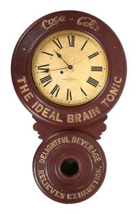 COCA-COLA "THE IDEAL BRAIN TONIC" BAIRD CLOCK: This c. 1890s clock from Coca-Cola was made by the Baird Clock Company and features the early tagline "The Ideal Brain Tonic". CONDITION: The body of this clock has been repainted at some point in the