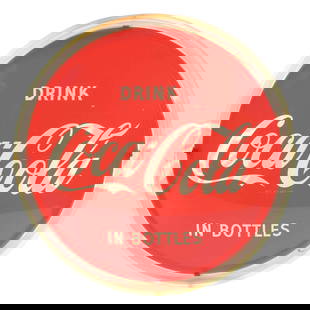 DOUBLE-SIDED DRINK COCA-COLA LIGHT-UP HALO SIGN: Maker marked "Neon Products Inc.". This c. 1950s double-sided light-up halo sign features the script logo and "In Bottles" tagline on both sides. The can shows glossy original paint with manufacturer