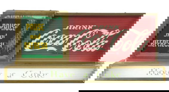 LIGHT-UP DRINK COCA-COLA HAVE A COKE COUNTERTOP SIGN: Maker marked "Price Brothers". A wonderful and desirable example of this light-up countertop sign from Coca-Cola, with the "Waterfall" motion section. CONDITION: The "Waterfall" sign retains good colo