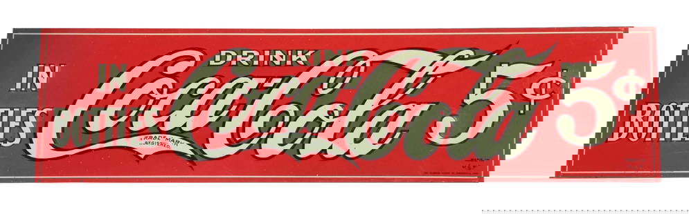 DRINK 5¢ COCA-COLA EMBOSSED TIN SIGN: Maker marked "Elwood Myers." A nice example of this C. 1920s single-sided tin sign from Coca-Cola featuring a nicely embossed logo and 5 cent graphic. CONDITION: The sign shows a few scuffs and specks