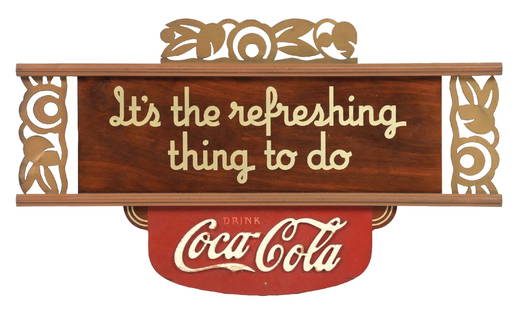 COCA-COLA "IT'S THE REFRESHING THING TO DO" KAY DISPLAY SIGN: Single-Sided Wood. Maker marked "Kay Displays Inc.". This c. 1930s single-sided wood sign from Coca-Cola was made by Kay Displays, and features wonderful art deco features and a nice die-cut script lo