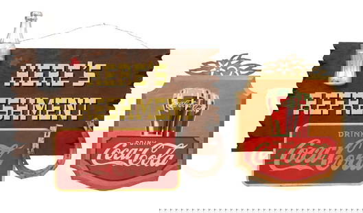 COLLECTION OF 2 COCA-COLA KAY DISPLAY SIGNS: A nice collection of two wooden signs made for Coca-Cola by Kay Displays Inc., including the "Here's Refreshment" horseshoe sign, and the small fountain glass sign with metal marquee. CONDITION: (A)