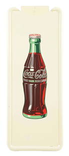 COCA-COLA PILASTER SIGN WITH BOTTLE GRAPHIC: SST. Maker marked "AM 2-47". This c. 1947 single-sided tin pilaster sign from Coca-Cola features a graphic of the iconic contour bottle. CONDITION: The field of the sign remains bright and glossy-