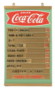 DRINK COCA-COLA MENU BOARD SIGN.: A nice example of this C. 1960;s masonite menu board from Coca-Cola featuring the fishtail logo. CONDITION: The menu sign remains exceptionally clean with menu items and price strips included. The gol