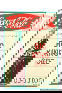 COCA-COLA BIG KING SIZE TIN SIGN: SST. A nice example of this C. 1960s single-sided tin sign from Coca-Cola featuring the bottle graphic and fishtail logo. CONDITION: The sign shows a few small blemishes to the paint on the outer