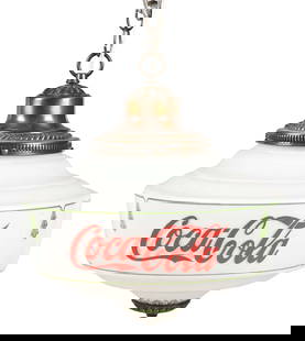 COCA-COLA MILK GLASS CHANDELIER: This c. 1930s milk glass chandelier from Coca-Cola features the script logo on three sides. CONDITION: The metal hardware is not original to the chandelier. The body of the glass chandelier is clean a