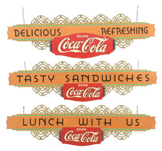 COLLECTION OF 3 COCA-COLA WOODEN DINER SIGNS: An outstanding set of three c. 1940s wood diner signs made for Coca-Cola by Kay Displays Inc. This set includes the taglines "Lunch With Us," "Tasty Sandwiches," and "Delicious & Refreshing".