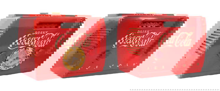 COLLECTION OF 2 COCA-COLA COOLER RADIOS: A nice collection of two 1950s cooler radios from Coca-Cola, each featuring the embossed script logo and one showing a clock face in the front center. CONDITION: The bodies of each cooler retain nice