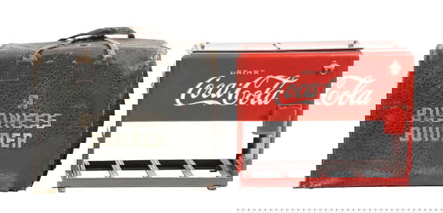 COCA-COLA WESTINGHOUSE SALESMAN SAMPLE COOLER KIT: Maker marked "Kay Display Inc.". This c. 1939 salesman sample cooler kit from Coca-Cola includes the cooler, salesman booklets under the lid, both insulation samples, and the original leather carrying