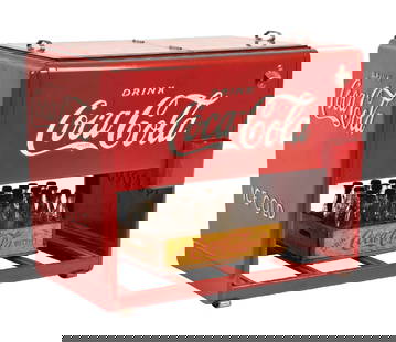 COCA-COLA WESTINGHOUSE SALESMAN SAMPLE COOLER: Maker marked "Kay Displays Inc.". This c. 1939 salesman sample cooler made for Coca-Cola features the script logo on all four sides, with the salesman booklets attached under the lid. CONDITION: The b