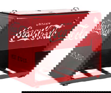 COCA-COLA WESTINGHOUSE SALESMAN SAMPLE COOLER: This c. 1939 salesman sample cooler from Coca-Cola was created by Kay Displays Inc; with the iconic script logo embossed on all four sides. This example includes the clip-on front door attachment, whi