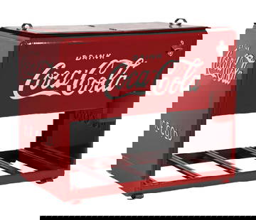 COCA-COLA WESTINGHOUSE SALESMAN SAMPLE COOLER: This c. 1939 salesman sample cooler from Coca-Cola was created by Kay Displays Inc; with the iconic script logo embossed on all four sides. CONDITION: This cooler has been restored at some point in th