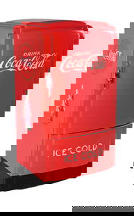 DRINK COCA-COLA ICE COLD REFRIGERATOR: An unusual example of this refrigerator cooler from Philco with the Coca-Cola logo and "Ice Cold" both nicely embossed on the front. CONDITION: This cooler has been repainted at some point in the past