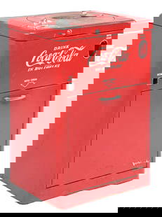 10¢ COCA-COLA VENDO 23 MACHINE: This c. 1950s Vendo 23 vending machine from Coca-Cola holds 23 bottles. CONDITION: The machine shows heavy paint loss to the lid. The rest of the body shows moderate wear and patina to the paint. The