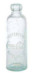 PROPERTY OF COCA-COLA BOTTLING CO BOTTLE: Light aqua Birmingham, Alabama hutch-style bottle with script logo in center of mid-body slug plate. Light heel wear and minor chipping at top rim. Open air bubble on interior of bottle. Condition: (8