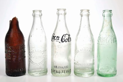 COLLECTION OF 5 COCA-COLA TX. GLASS BOTTLES