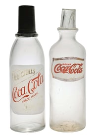 COLLECTION OF 2 BACK BAR COCA-COLA SYRUP BOTTLES W/ UNDER GLASS LABELS