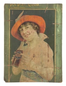 EARLY PEPSI-COLA SIGN W/ WOMAN & BOTTLE GRAPHIC