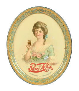 OUTSTANDING 5¢ DRINK PEPSI-COLA TRAY W/ WOMAN GRAPHIC AGS 87: Maker marked "Chas W. Shonk". This exceedingly rare c. 1908 serving tray from Pepsi-Cola features a wonderful graphic of a woman holding a Pepsi flare-glass, along with the script logo and "Refreshes