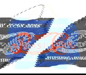 PEPSI-COLA "THE PEPSIN DRINK" HANGING SIGN: Maker marked "Chas W. Shonk". This unusual c. 1905 tin sign from Pepsi-Cola features the script logo with "Refreshing & Invigorating" tagline. The manufacturer mark is hardly visible, but can be read
