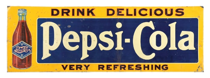 PEPSI-COLA "VERY REFRESHING" SIGN W/ STRAIGHT-SIDED BOTTLE GRAPHIC