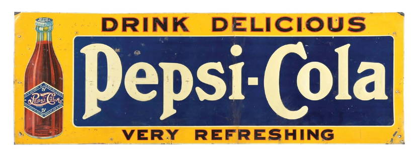 PEPSI-COLA "VERY REFRESHING" SIGN W/ STRAIGHT-SIDED BOTTLE GRAPHIC: SST. This early c. 1910 single-sided embossed tin sign from Pepsi-Cola features an early block letter logo, with an impressive paper label bottle graphic. CONDITION: The field of the sign shows specks