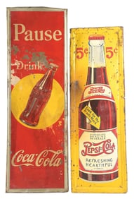 COLLECTION OF 2 PEPSI-COLA 5¢ & PAUSE COCA-COLA SIGNS
